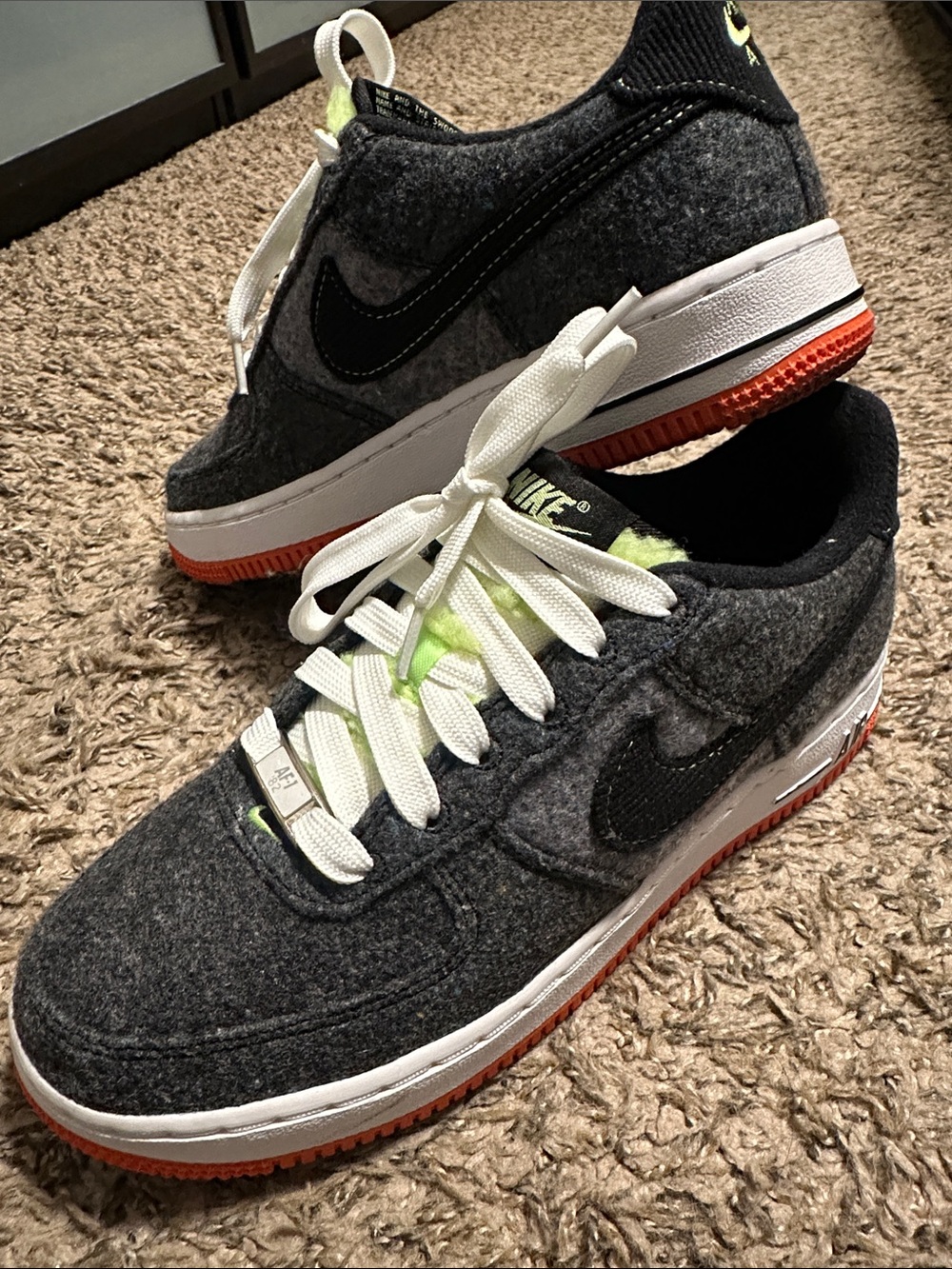 Nike Kids Dark Gray Wool Sneakers with Black Swoosh and Orange Sole